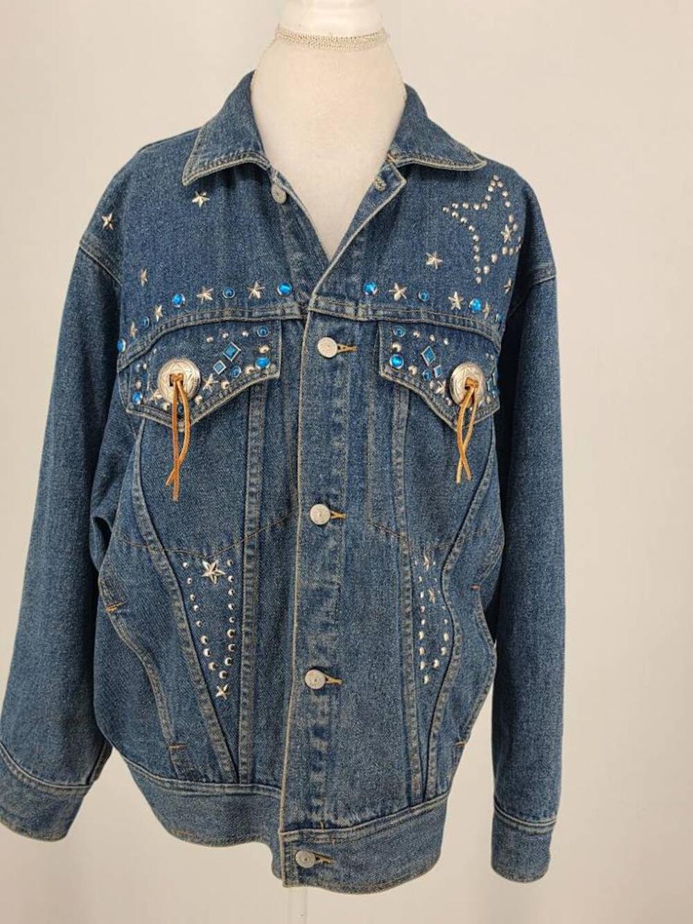Vintage Freego Womens XL Studded Celestial Denim Jacket Sun Moon StarWesternBoho